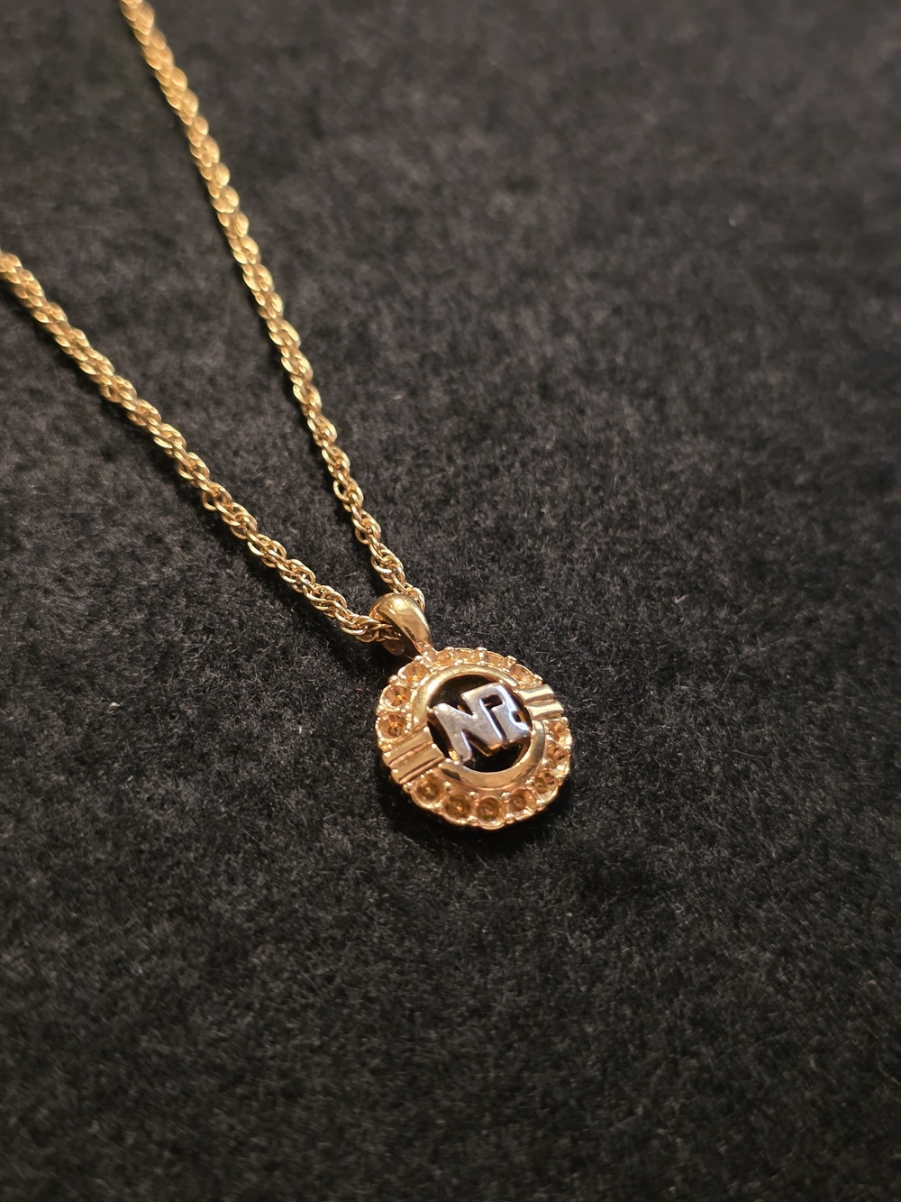 Nina Ricci 1980s Two Tone NR Diamond Cut Pendant Necklace